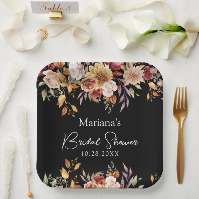 Plato De Papel Ducha nupcial floral negra (Boda)