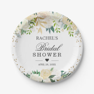 Plato De Papel Ducha nupcial floral verde blanca de marfil