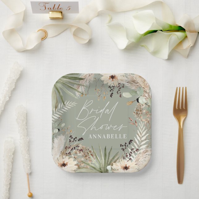 Plato De Papel Ducha nupcial gracias al follaje moderno pampas (Boda)