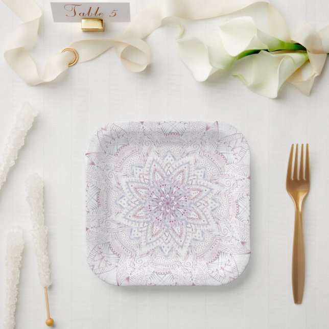 Plato De Papel Ducha nupcial Intrincada Pastel Mandala rosa y azu (Boda)