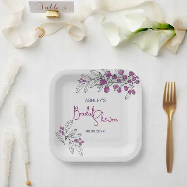 Plato De Papel Ducha nupcial mínima hojas moradas (Boda)