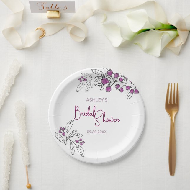 Plato De Papel Ducha nupcial mínima hojas moradas (Boda)