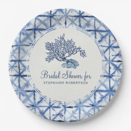 Plato De Papel Ducha nupcial Moderna Beach Coral Indigo Shibori