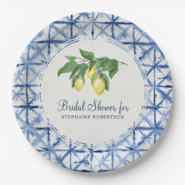 Plato De Papel Ducha nupcial moderna limón y hoja índigo Shibori