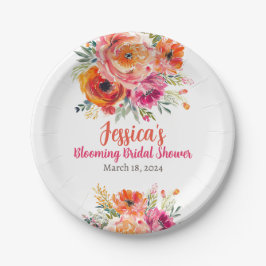Plato De Papel Ducha nupcial Naranja de verano y florines rosas