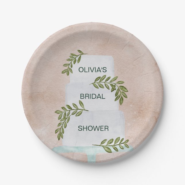 Plato De Papel Ducha nupcial, pastel Boda con vegetación (Anverso)