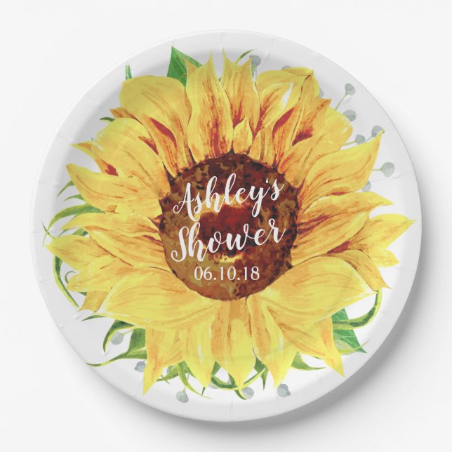 Plato De Papel Ducha nupcial personalizada girasol amarillo (Anverso)