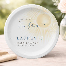 Plato De Papel Ducha para bebé moderno "Aquí viene el hijo"