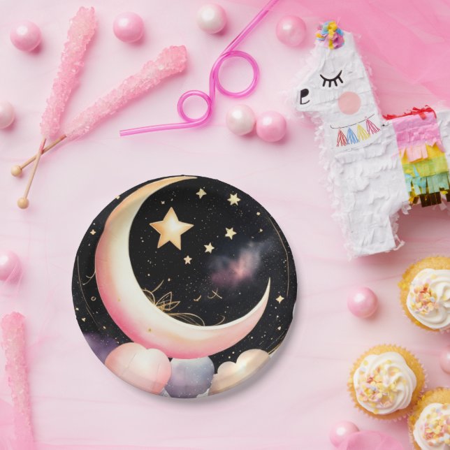 Plato De Papel Ducha para niñas: Luna Celestial y Estrellas (Fiesta)