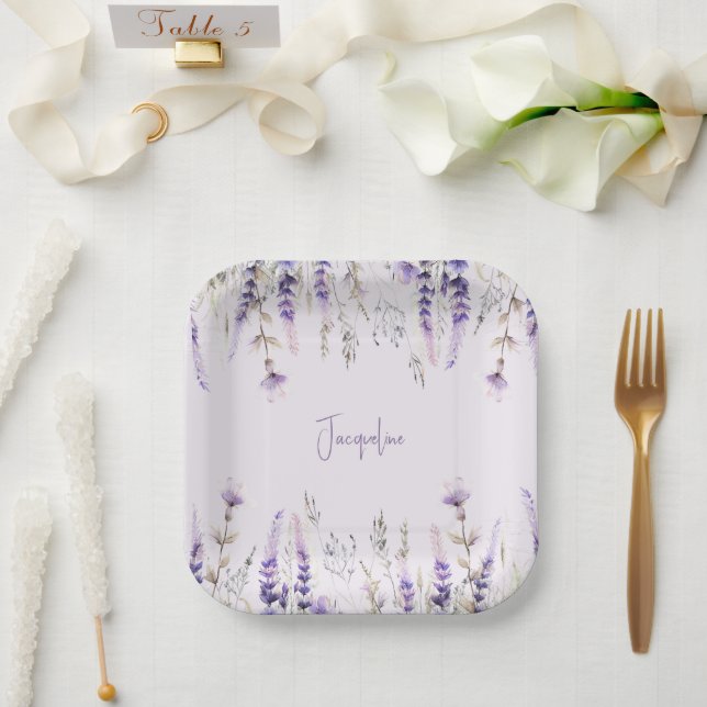 Plato De Papel Ducha personalizada con flores de lavanda (Boda)
