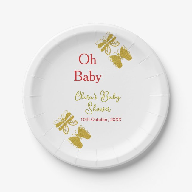 Plato De Papel Ducha roja de bebé de mariposa dorada oh bebé mode (Anverso)