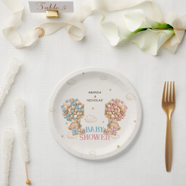 Plato De Papel Duchas de gemelos oso Rosa Azul  (Boda)
