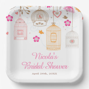 Plato De Papel Duchas Nupciales con Jaulas de Pájaros Florales Ro