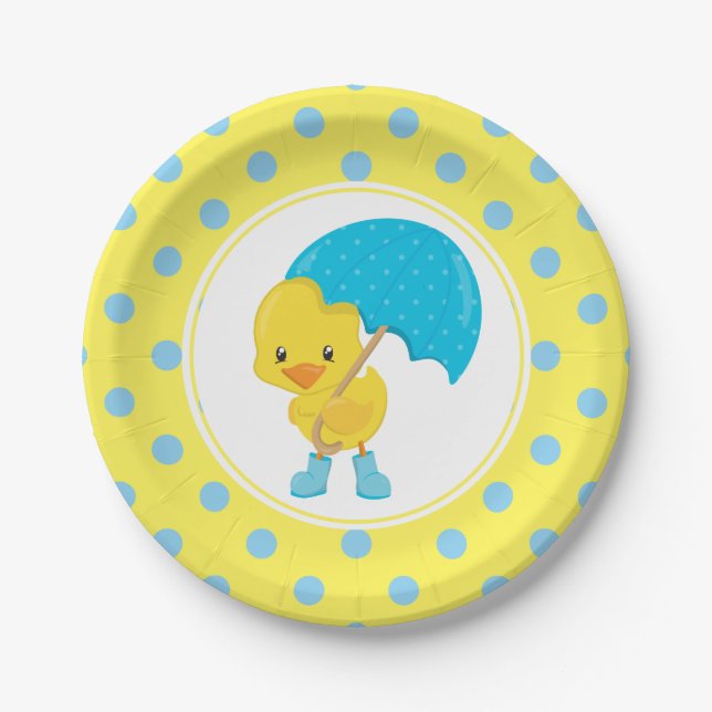Plato De Papel Ducky con el Baby Shower del paraguas (Anverso)