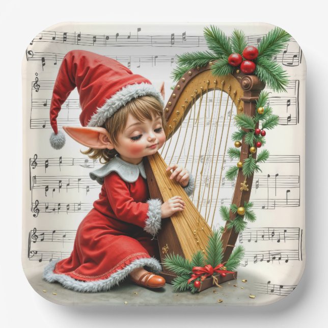 Plato De Papel Duende de Navidad tocando un arpa (Anverso)