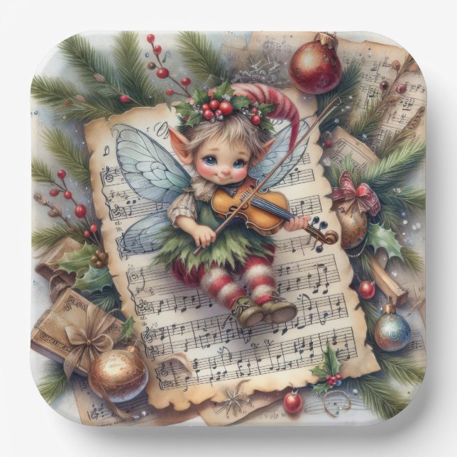 Plato De Papel Duende de Navidad tocando un violín (Anverso)