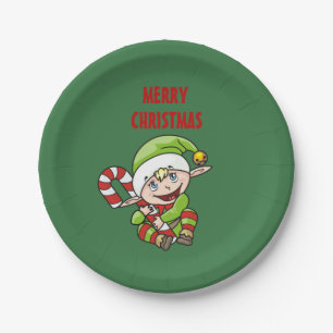Plato De Papel Duende del navidad con el bastón de caramelo