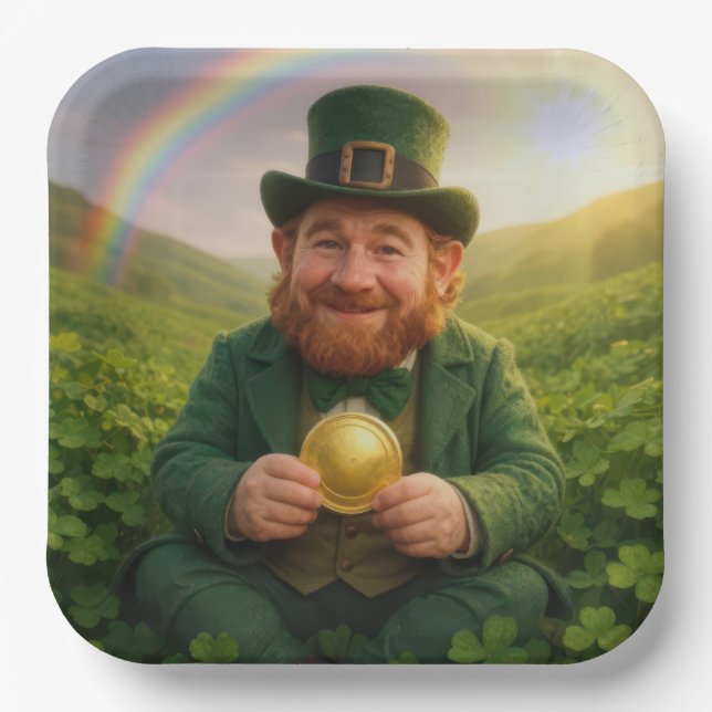 Plato De Papel Duende Irlandés Con Moneda De Oro Y Arcoíris (Anverso)