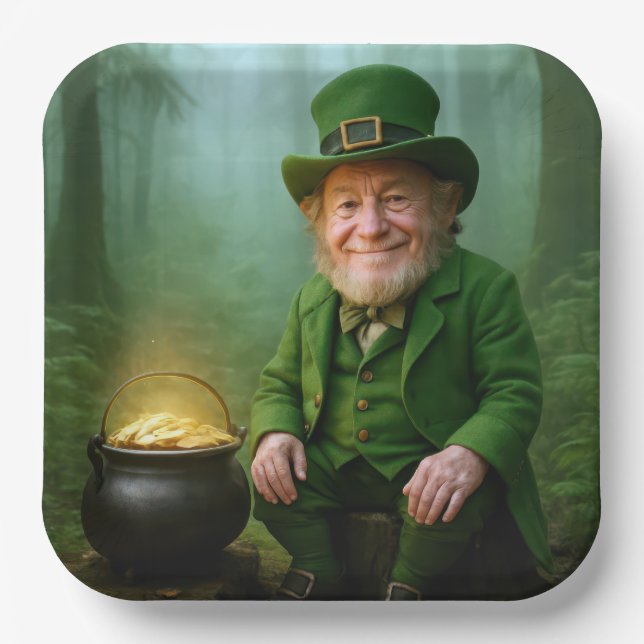 Plato De Papel Duende irlandés con una olla de oro (Anverso)