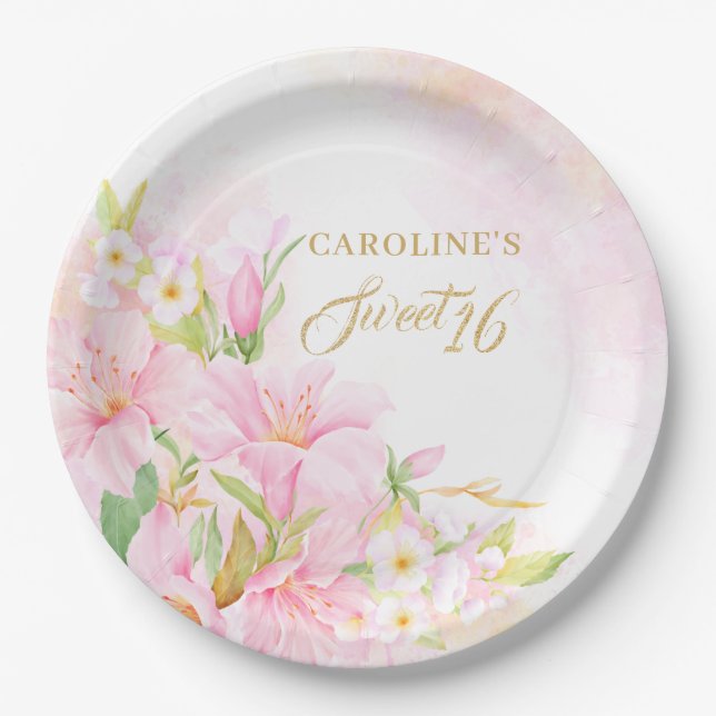 Plato De Papel Dulce 16 acuarela Floral Rubor Blínico Rosa (Anverso)