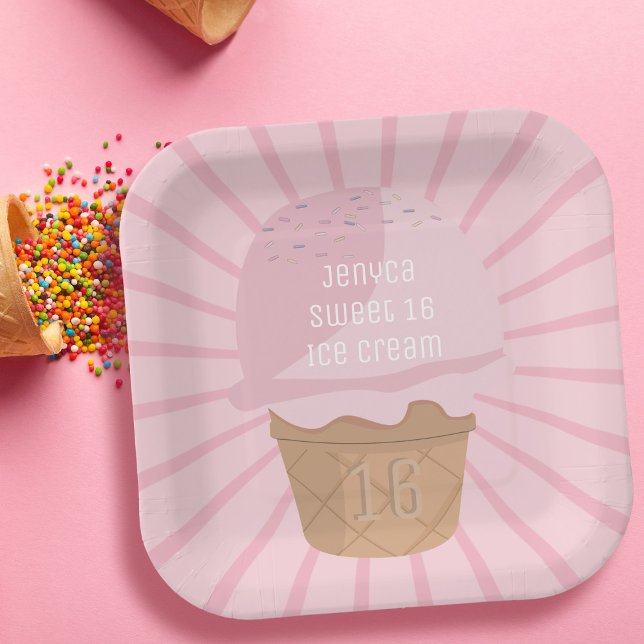 Plato De Papel Dulce 16 Crema De Hielo Rosa Cono Chica Fiesta de  (Great for sweet 16 birthday parties with an ice cream theme. Just add your name!)