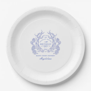 Plato De Papel Dulce 16 Cumpleaños Escudo Floral Azul Francés Per