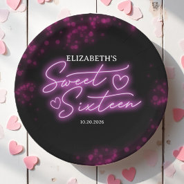 Plato De Papel Dulce 16 Cumpleaños Rosa Caliente Neon Fiesta Oscu