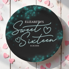 Plato De Papel Dulce 16 Cumpleaños Verde azulado Neon Glow Dark F