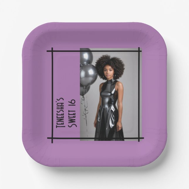 Plato De Papel dulce 16 fiesta lilac personalizado negro púrpura  (Anverso)