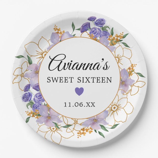 Plato De Papel Dulce 16 Fiesta Purple Gold Floral (Anverso)