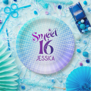 Plato De Papel Dulce 16 Groovy Morado Gradiente Azul Gradiente Re