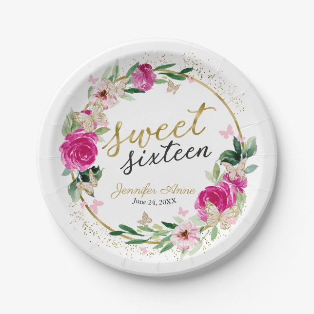 Plato De Papel Dulce 16 Mariposa Floral Caliente Rosa (Anverso)