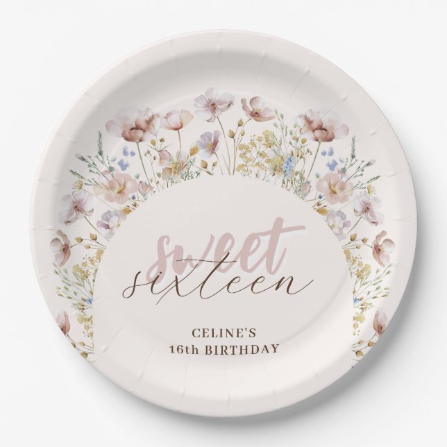 Plato De Papel Dulce 16 Meadow Wildflowers Cumpleaños (Anverso)