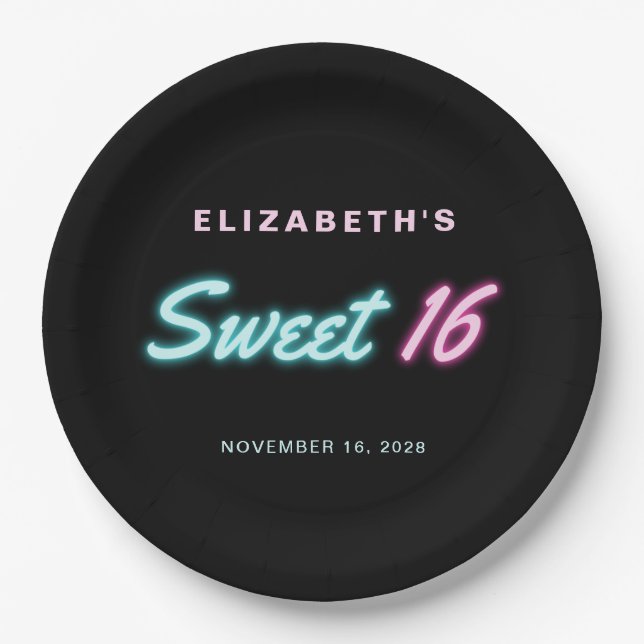 Plato De Papel Dulce 16 Neon Lights Black Birthday Party (Anverso)