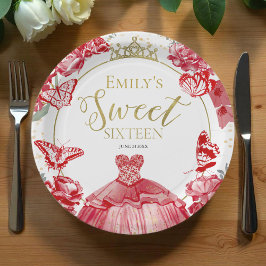 Plato De Papel Dulce 16 Placas de papel Mariposa Rojo Vestido Flo