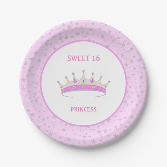 Plato De Papel Dulce 16 Princesa Tiara y Stars Confetti (Anverso)