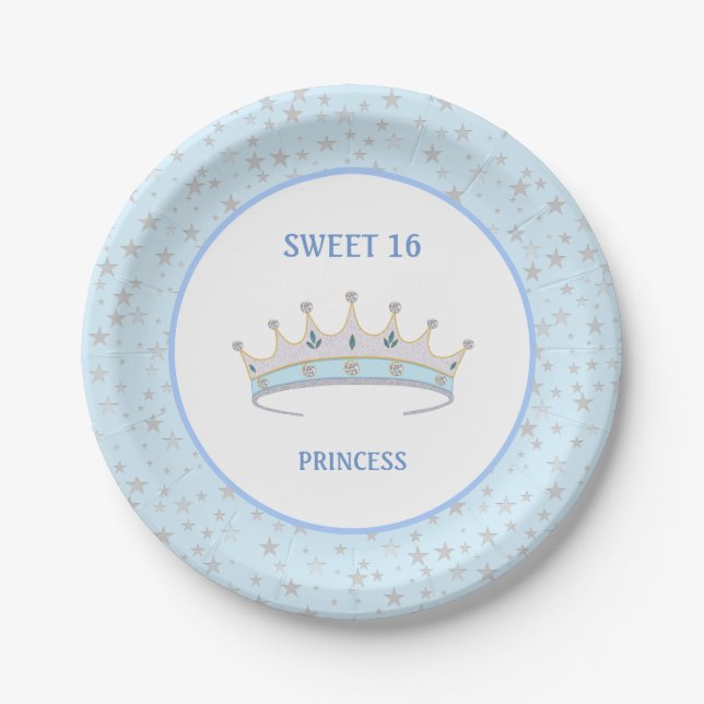 Plato De Papel Dulce 16 Princesa Tiara y Stars Confetti (Anverso)