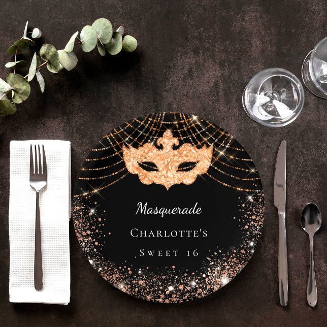 Plato De Papel Dulce 16 purpurina de oro negro Masquerade (Subido por el creador)
