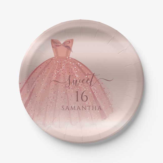 Plato De Papel Dulce 16 Rosa Dorado Moderno Script Glam Cumpleaño (Anverso)