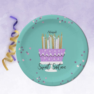 Plato De Papel Dulce 16 Velas y placa de papel para tarta