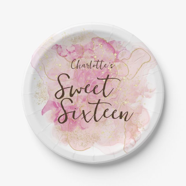 Plato De Papel Dulce acuático rosa y dorado de moda 16 Fiesta (Anverso)