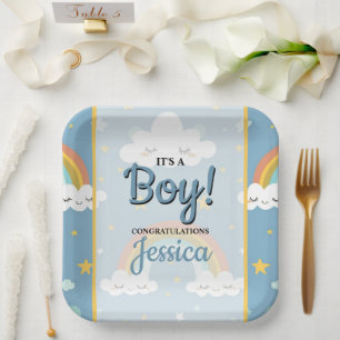 Plato De Papel Dulce Arcoíris y Duende Nube Baby Shower