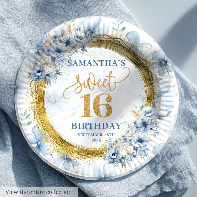 Plato De Papel Dulce azul claro personalizado Dieciséis Purpurina (Personalized Light Blue Sweet Sixteen Gold Glitter Paper Plates)