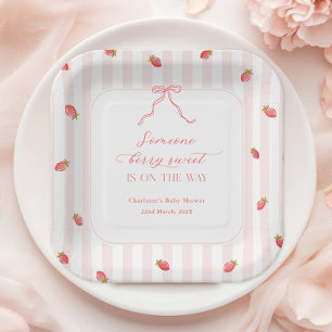 Plato De Papel Dulce Baby Shower de Fresa con Rayas Rosadas
