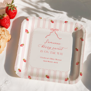 Plato De Papel Dulce Baby Shower de Fresa con Rayas Rosadas