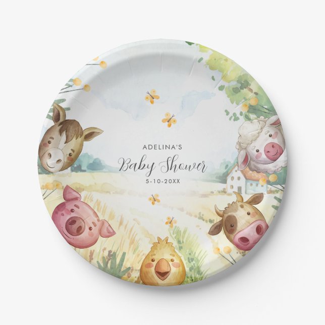 Plato De Papel Dulce Baby Shower de la pequeña granja (Anverso)