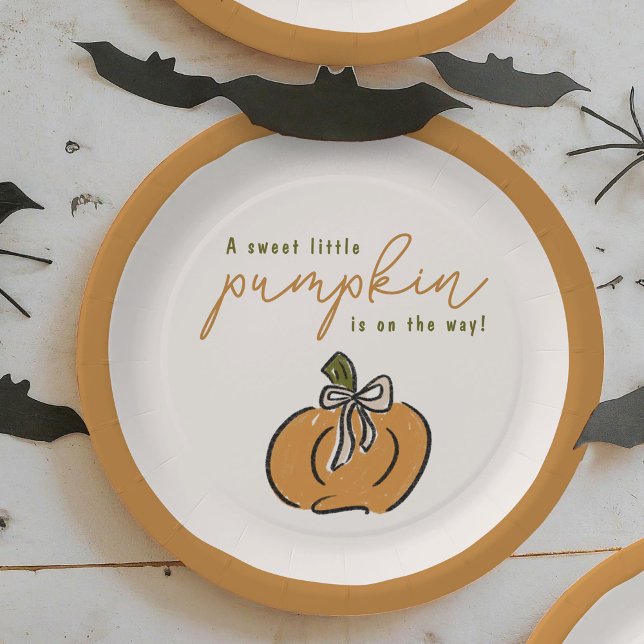 Plato De Papel Dulce Calabaza En El Camino De La Cuesta Baby Show (A sweet little pumpkin is on the way! Cute Halloween baby shower party paper plates.)