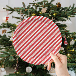 Plato De Papel Dulce Caña Festiva Rayada Navidad Rojo Blanco