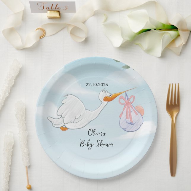 Plato De Papel Dulce Cigüeña Fiesta de Bebé (Boda)