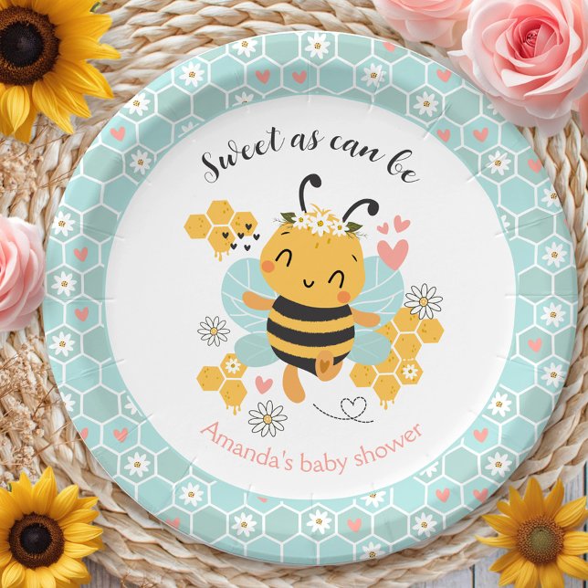 Plato De Papel Dulce como puede ser Baby Shower una niña bebé (Sweet as Can Bee Baby Girl Baby Shower Paper Plates)
